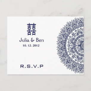 Chinese Blue White Porcelain Double Happiness RSVP Invitation Postcard