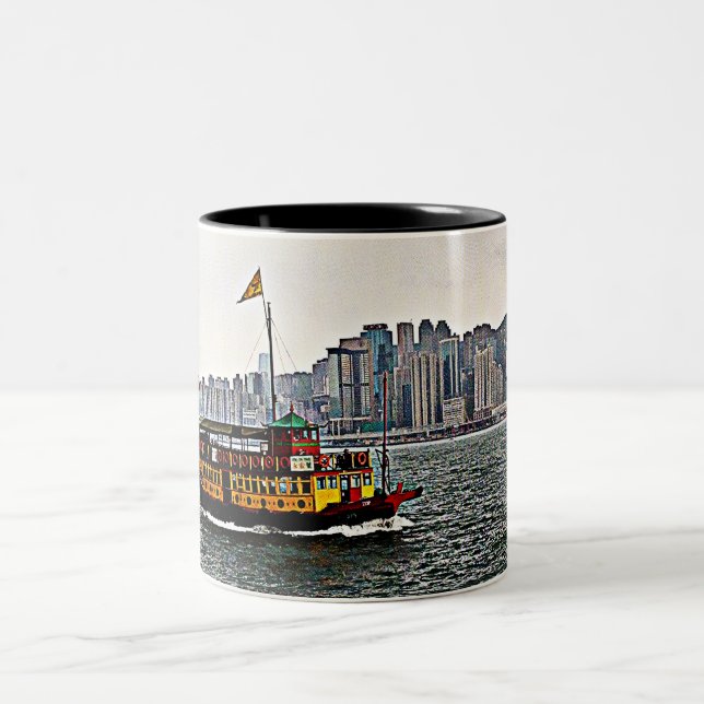 Chinese Boat Victoria Harbour Hong Kong Two-Tone Coffee Mug (Center)