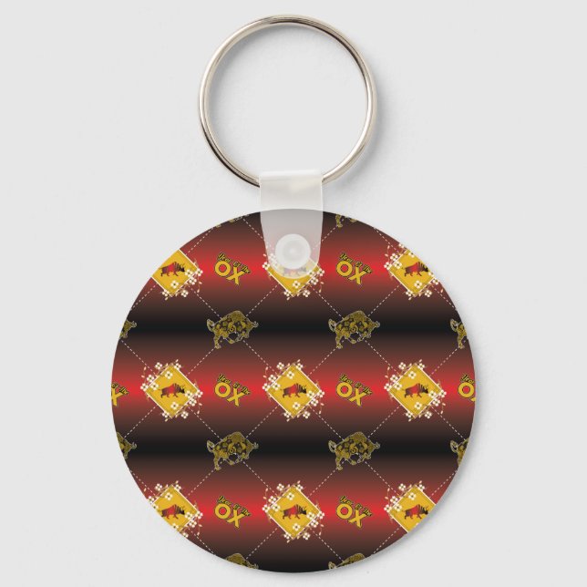 Chinese Born in Year of the Ox Elegant Floral Key Ring (Front)