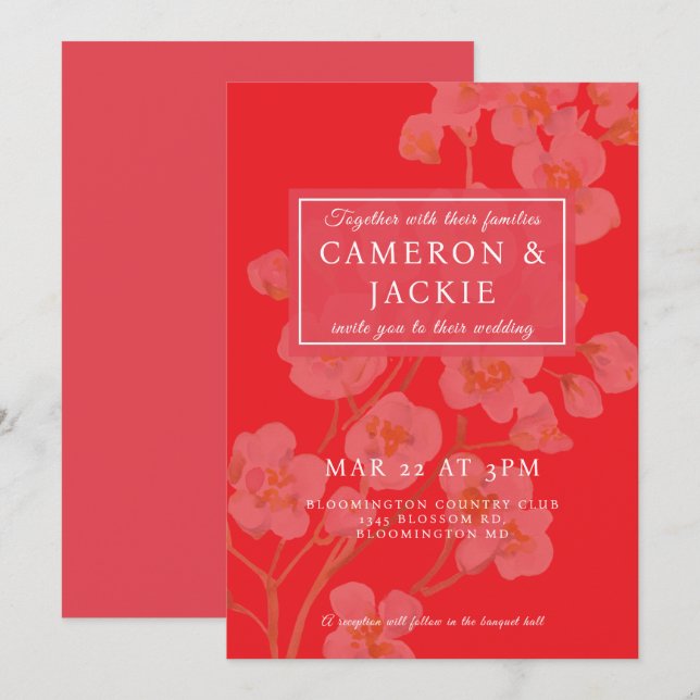 Chinese Cherry Blossom Pink Wedding Invitation (Front/Back)