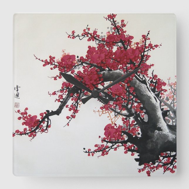 Chinese Cherry Blossom Square Wall Clock (Front)