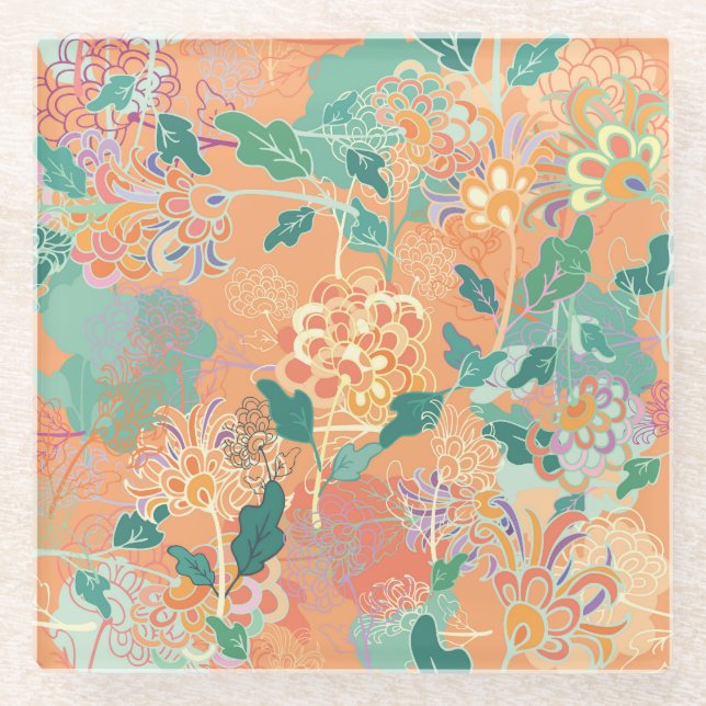 Chinese chrysanthemum: floral orange pattern. glass coaster (Front)