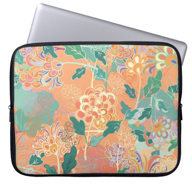 Chinese chrysanthemum: floral orange pattern. laptop sleeve (Front)