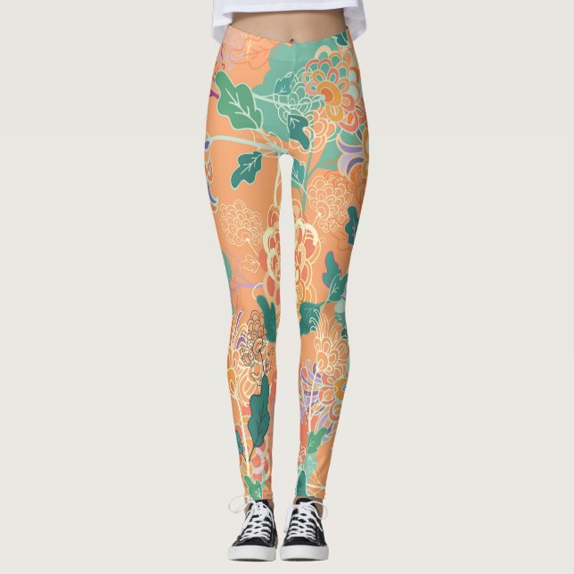 Chinese chrysanthemum: floral orange pattern. leggings (Front)