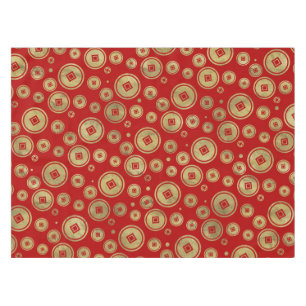 Chinese Coin Pattern Gold on Red Tablecloth