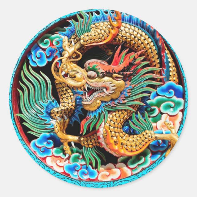 Chinese Colourful Dragon Lotus Flower Art  Classic Round Sticker (Front)