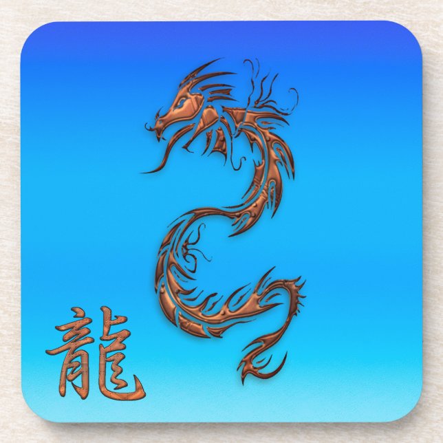 Chinese Copper Dragon on Blue Drink Coasters (Front)