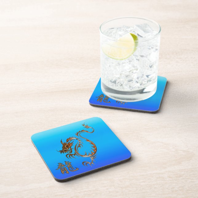 Chinese Copper Dragon on Blue Drink Coasters (Right Side)