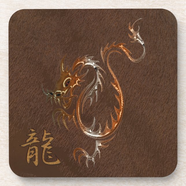 Chinese Copper Dragon on Faux Leather Coaster (Front)