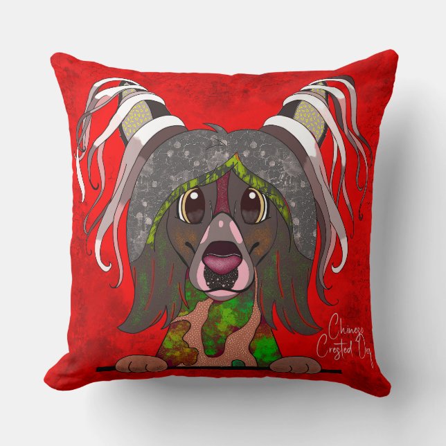 Chinese Crested Dog hand-painted Throw Pillow (Front)