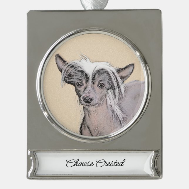 Chinese Crested Hairless Painting Original Dog Art Silver Plated Banner Ornament (Front)