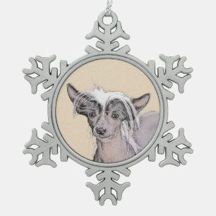 Chinese Crested Hairless Painting Original Dog Art Snowflake Pewter Christmas Ornament