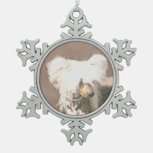 Chinese Crested Hairless Painting Original Dog Art Snowflake Pewter Christmas Ornament