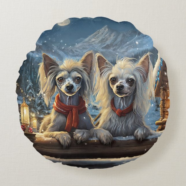 Chinese Crested Holiday Design By Rich AMeN Gill Round Cushion (Front)