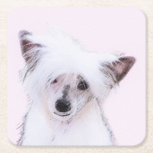 Chinese Crested Powderpuff Painting - Dog Art Square Paper Coaster (Front)