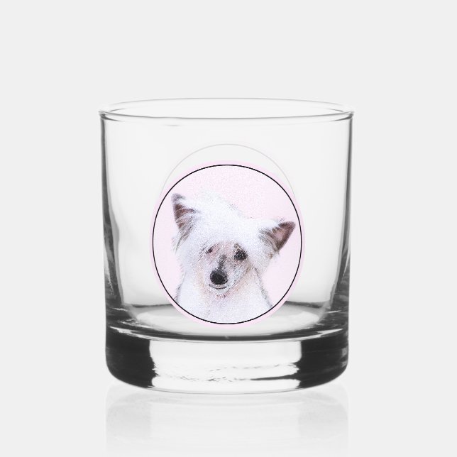 Chinese Crested Powderpuff Painting - Dog Art Whiskey Glass (Front)
