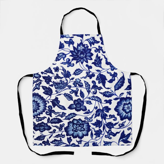 Chinese Dark navy blue floral pattern on white Apron (Front)
