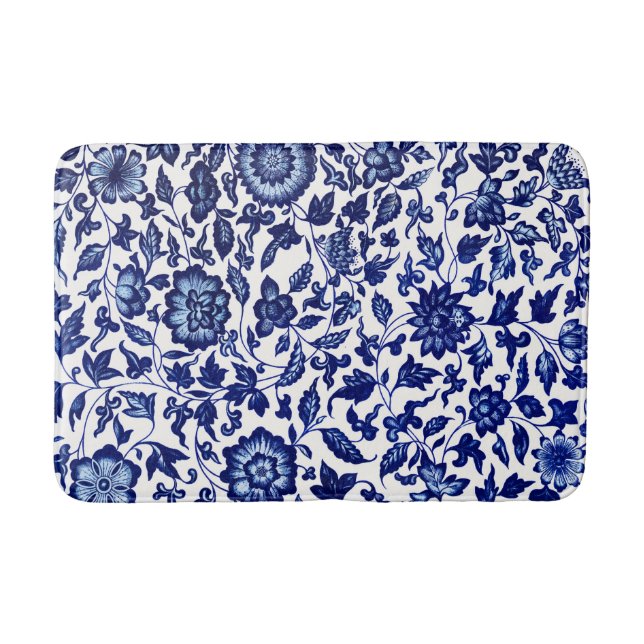Chinese Dark navy blue floral pattern on white Bath Mat (Front)