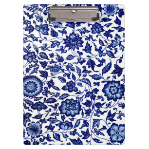 Chinese Dark navy blue floral pattern on white Clipboard