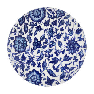 Chinese Dark navy blue floral pattern on white Cutting Board