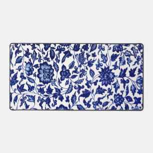 Chinese Dark navy blue floral pattern on white Desk Mat