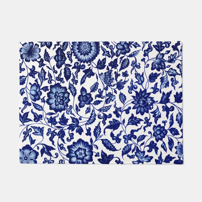 Chinese Dark navy blue floral pattern on white Doormat (Front)