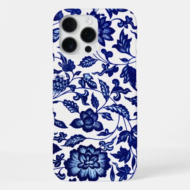 Chinese Dark navy blue floral pattern on white iPhone Case (Back)