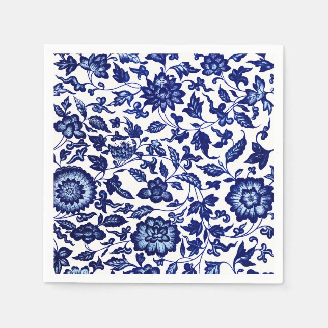 Chinese Dark navy blue floral pattern on white Napkin (Front)