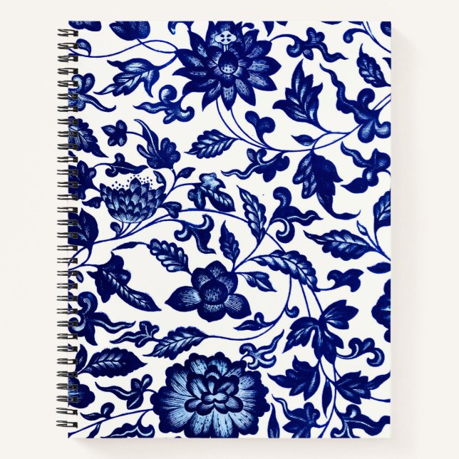 Chinese Dark navy blue floral pattern on white Notebook (Front)