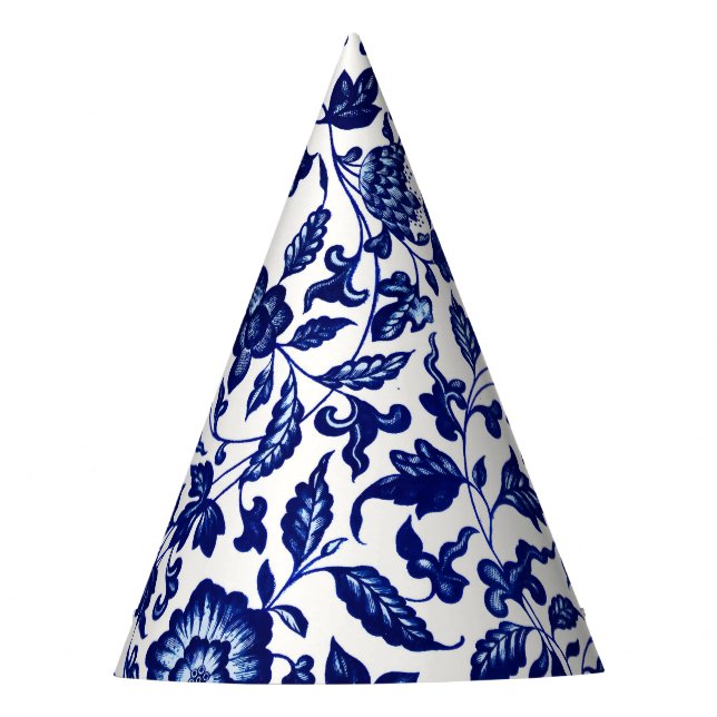 Chinese Dark navy blue floral pattern on white Party Hat (Front)
