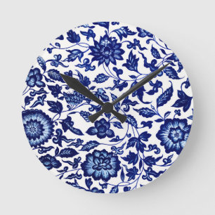 Chinese Dark navy blue floral pattern on white Round Clock