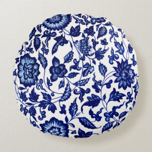 Chinese Dark navy blue floral pattern on white Round Cushion