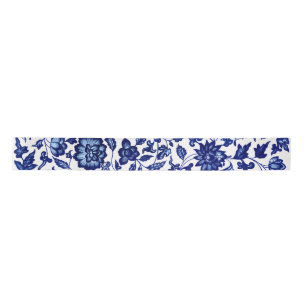 Chinese Dark navy blue floral pattern on white Satin Ribbon