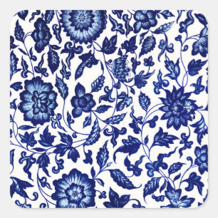 Chinese Dark navy blue floral pattern on white Square Sticker