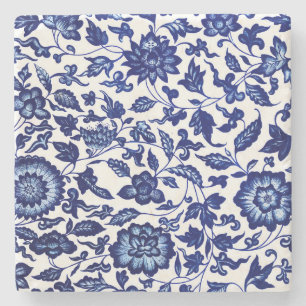 Chinese Dark navy blue floral pattern on white Stone Coaster
