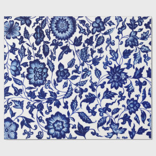 Chinese Dark navy blue floral pattern on white Wrapping Paper