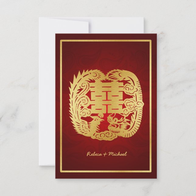Chinese Double Happiness Dragon / Phoenix RSVP Card (Front)