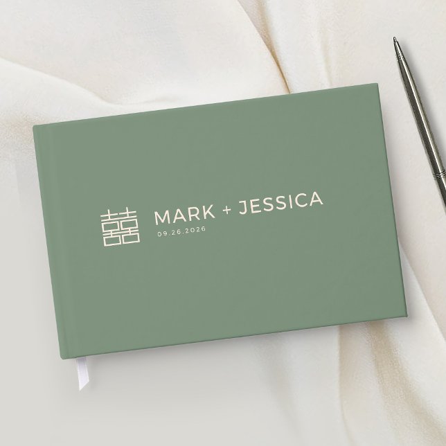 Chinese Double Happiness Green Wedding Guest Book (Creator Uploaded)