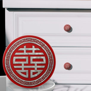 Chinese Double Happiness Pearl on Red Ceramic Knob