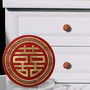 Chinese Double Happiness Red and Gold Ceramic Knob