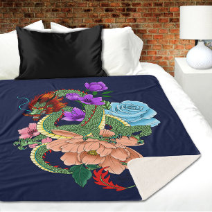 Chinese Dragon and Flowers Sherpa Blanket