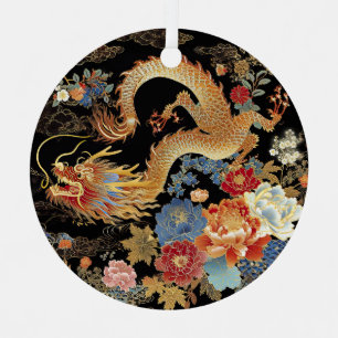 Chinese Dragon and Peonies Metal Tree Decoration
