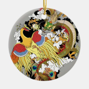 Chinese dragon and phoenix ceramic tree decoration
