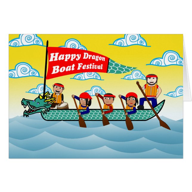 Chinese Dragon Boat Festival Boat and Rowing Crew (Front Horizontal)