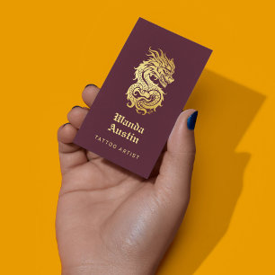 Chinese Dragon Burgundy And Gold Tattoo Artist  Business Card