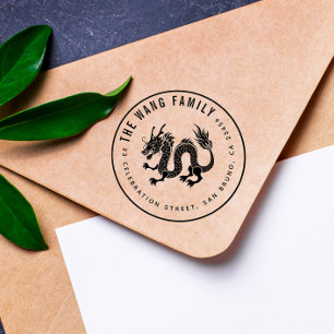 Chinese Dragon Custom Family Name Return Address Rubber Stamp