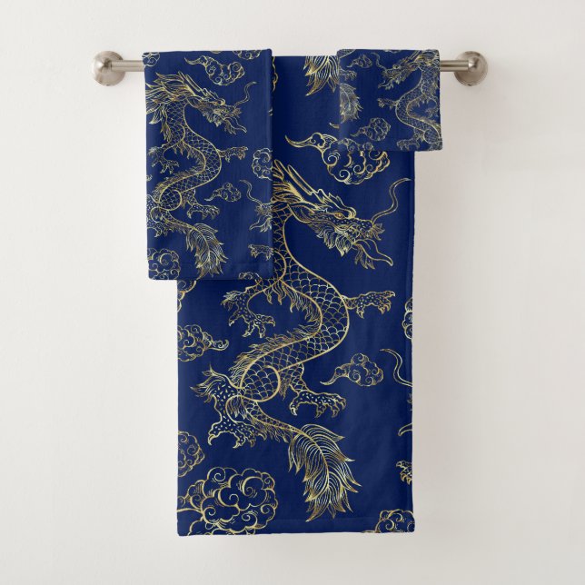 Chinese Dragon Gold and Dark Blue Bath Towel Set (Insitu)