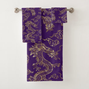 Chinese Dragon Gold and Dark Purple Bath Towel Set