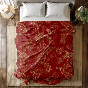 Chinese Dragon Gold and Dark Red Fleece Blanket