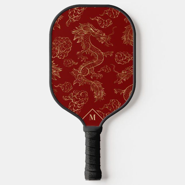 Chinese Dragon Gold and Dark Red Pickleball Paddle (Front)